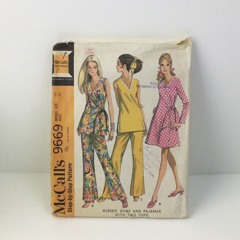 Front Wrap Robe Scalloped Edge Pajamas  Size 14 b36 CUT Pattern 9669 Vintage 60s